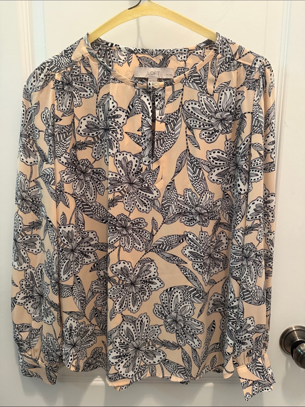 LOFT Cream Blouse with Black Floral Print